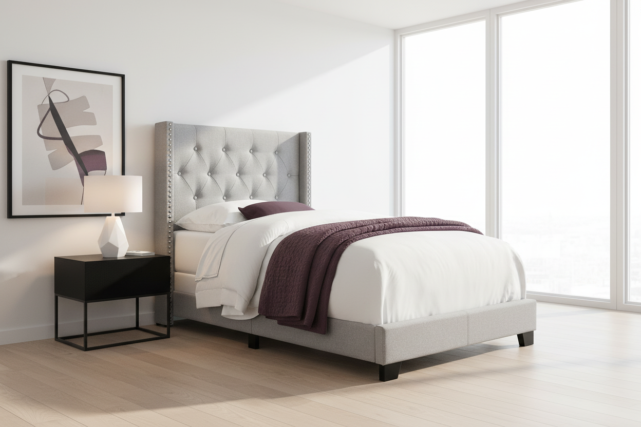 LIT - TAILLE SIMPLE / LIN GRIS AVEC BORDURE CHROMÉE