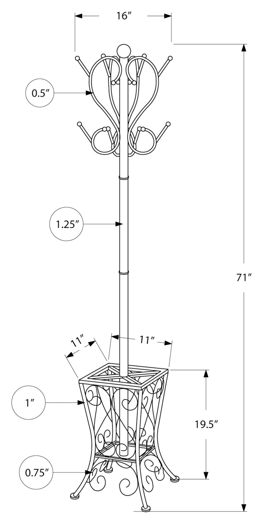 COAT RACK - 71"H / BLACK METAL WITH AN UMBRELLA HOLDER