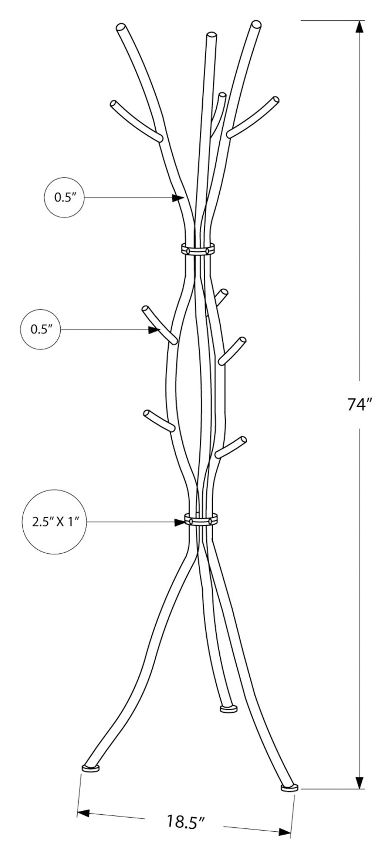 COAT RACK - 74"H / HAMMERED SILVER METAL