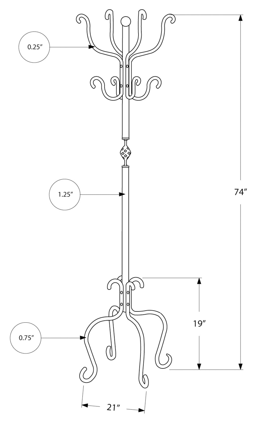 PORTE-MANTEAU - 74"H / MÉTAL NOIR MARTELÉ TRADITIONNEL