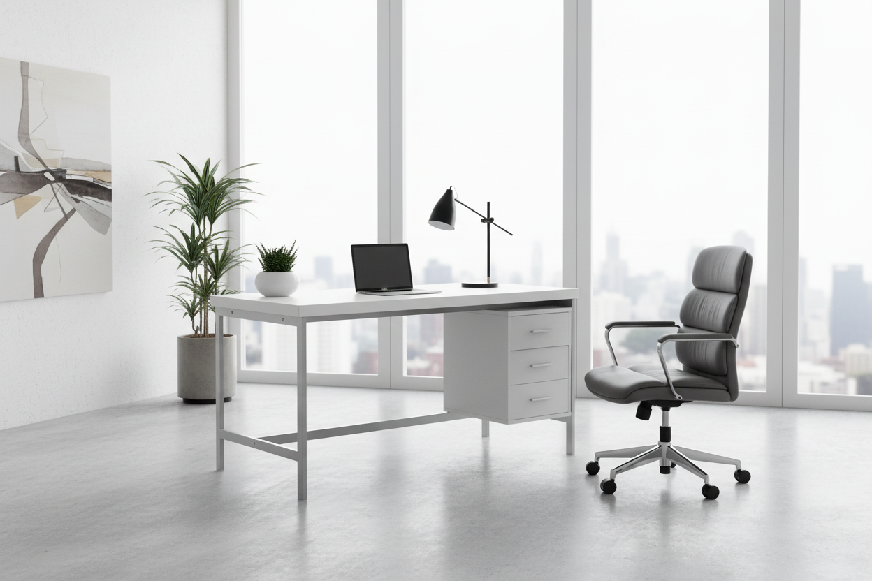 BUREAU D'ORDINATEUR - 60"L / BLANC / MÉTAL ARGENTÉ