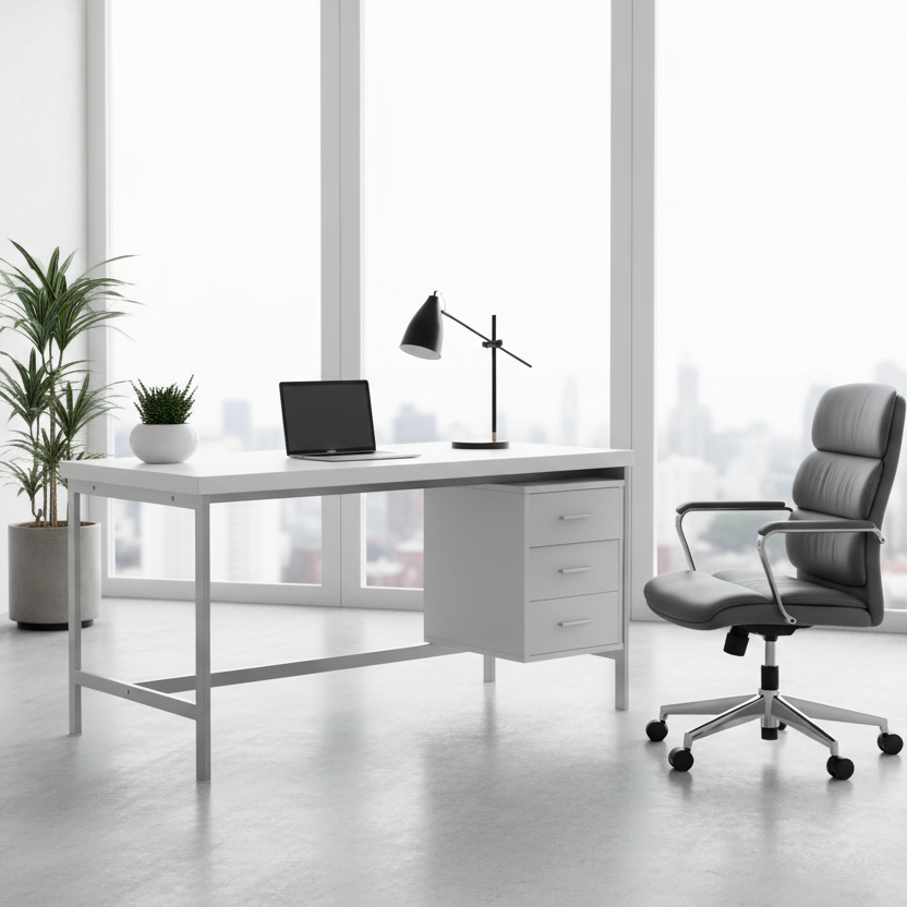 BUREAU D'ORDINATEUR - 60"L / BLANC / MÉTAL ARGENTÉ