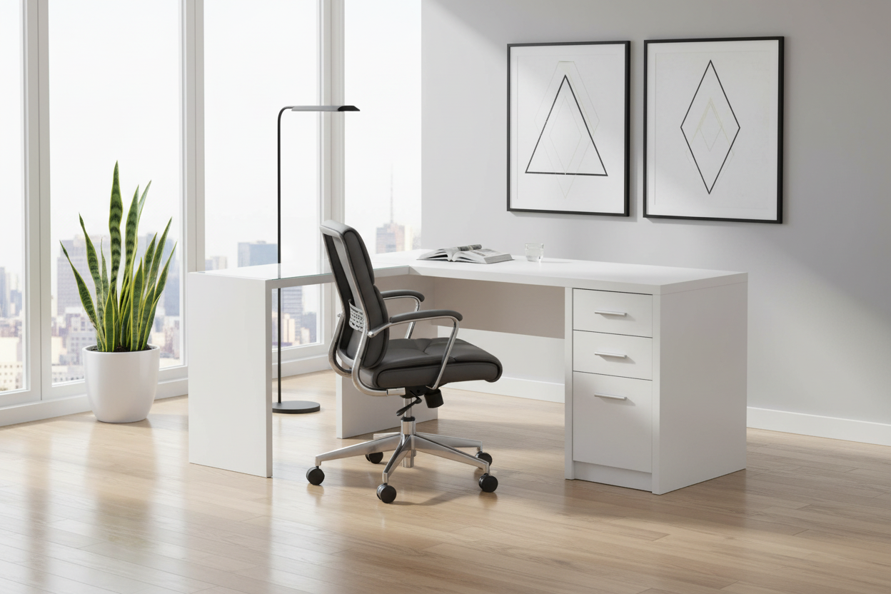 BUREAU D'ORDINATEUR - D'ANGLE BLANC AVEC VERRE TREMPÉ