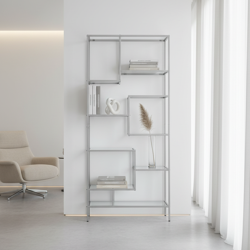 BOOKCASE - 72"H / SILVER METAL WITH TEMPERED GLASS