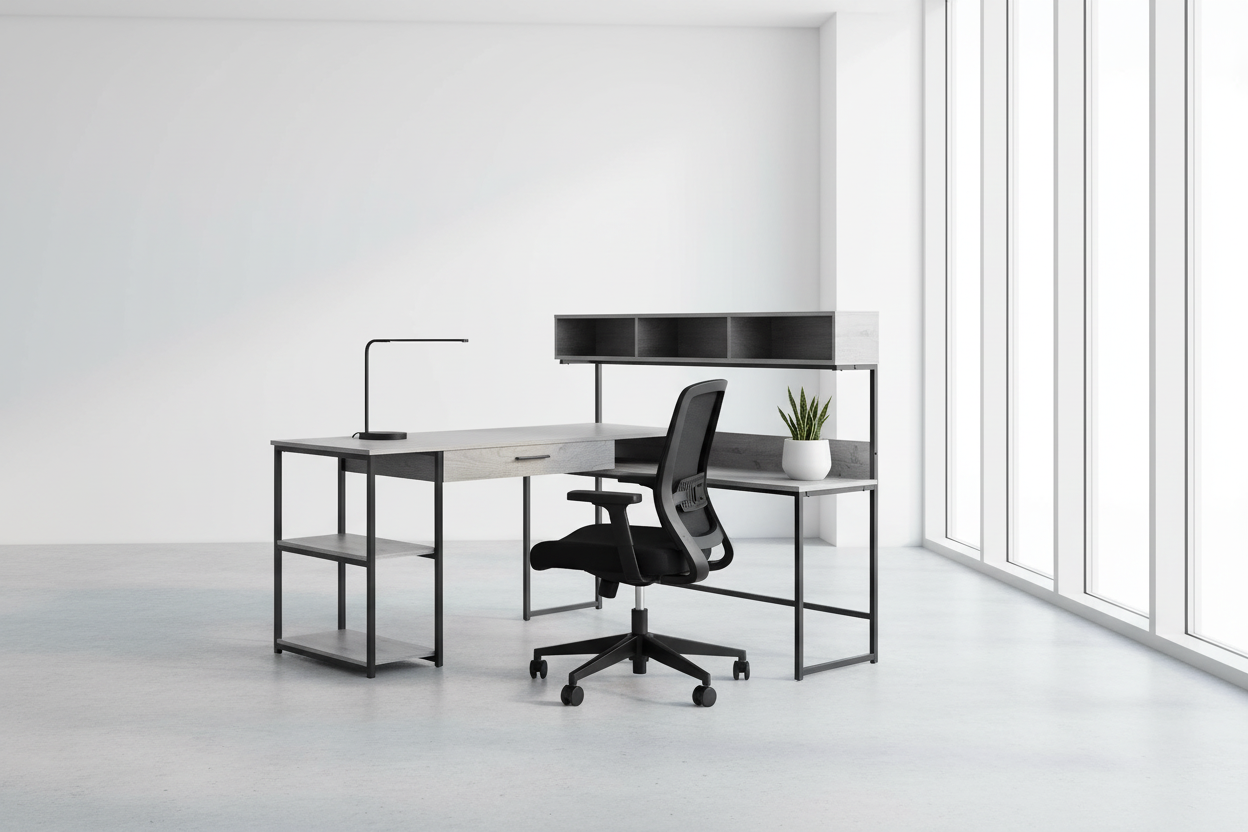 BUREAU D'ORDINATEUR - D'ANGLE EN MÉTAL GRIS / NOIR