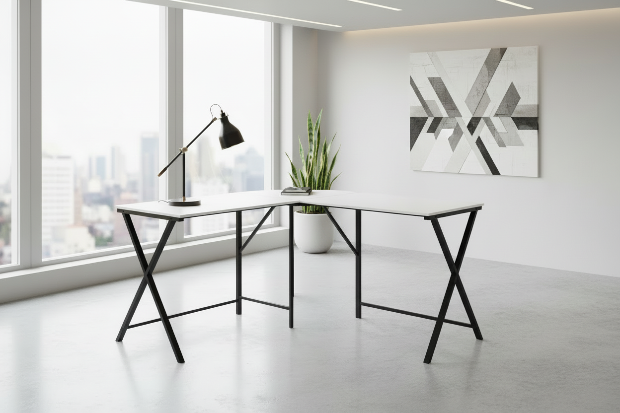 BUREAU D'ORDINATEUR - 55"L / DESSUS BLANC / COIN EN MÉTAL NOIR