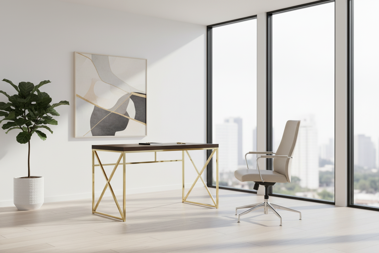 BUREAU D'ORDINATEUR - 48"L / ESPRESSO / MÉTAL DORÉ