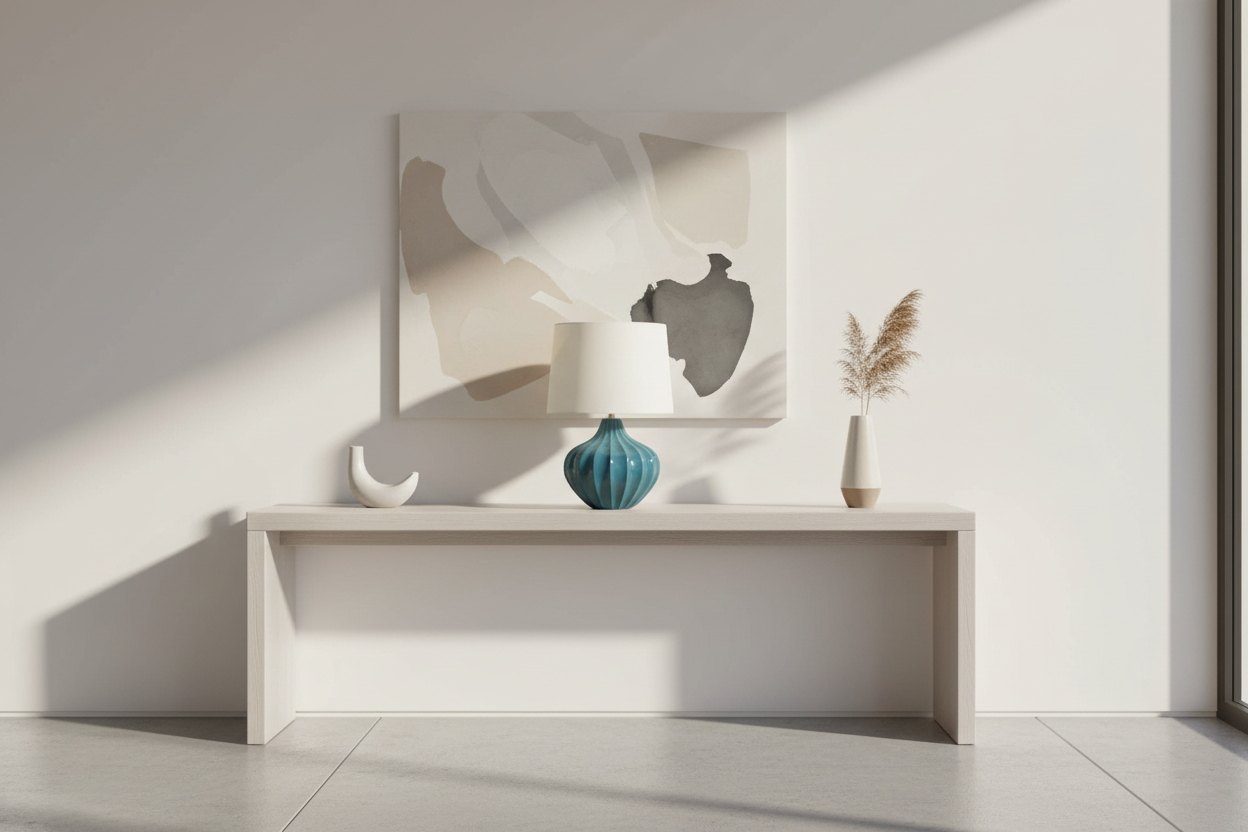 ÉCLAIRAGE - LAMPE DE TABLE 24"H EN CÉRAMIQUE BLEUE ABAT-JOUR IVOIRE / CRÈME