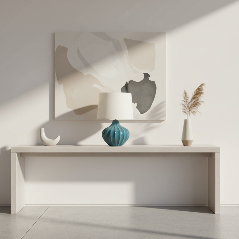 ÉCLAIRAGE - LAMPE DE TABLE 24"H EN CÉRAMIQUE BLEUE ABAT-JOUR IVOIRE / CRÈME