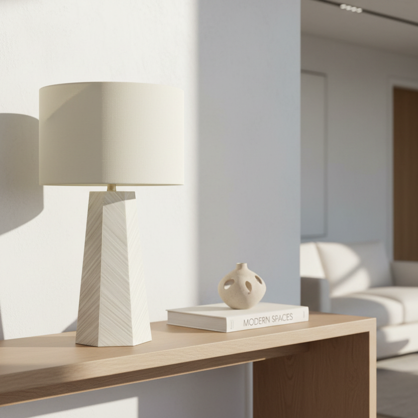 ÉCLAIRAGE - LAMPE DE TABLE 29"H EN CÉRAMIQUE BLANCHE IVOIRE / ABAT-JOUR CRÈME