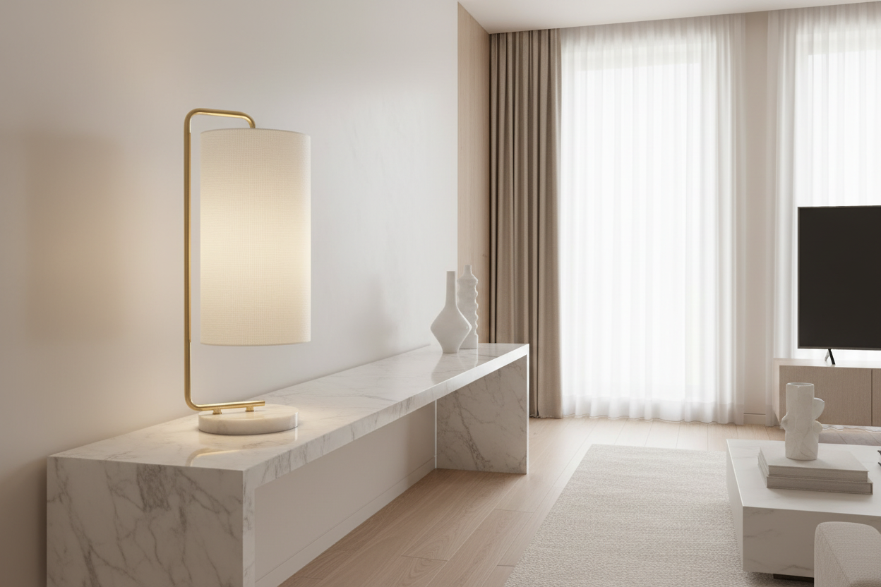 ÉCLAIRAGE - LAMPE DE TABLE 20"H MARBRE BLANC IVOIRE / ABAT-JOUR CRÈME