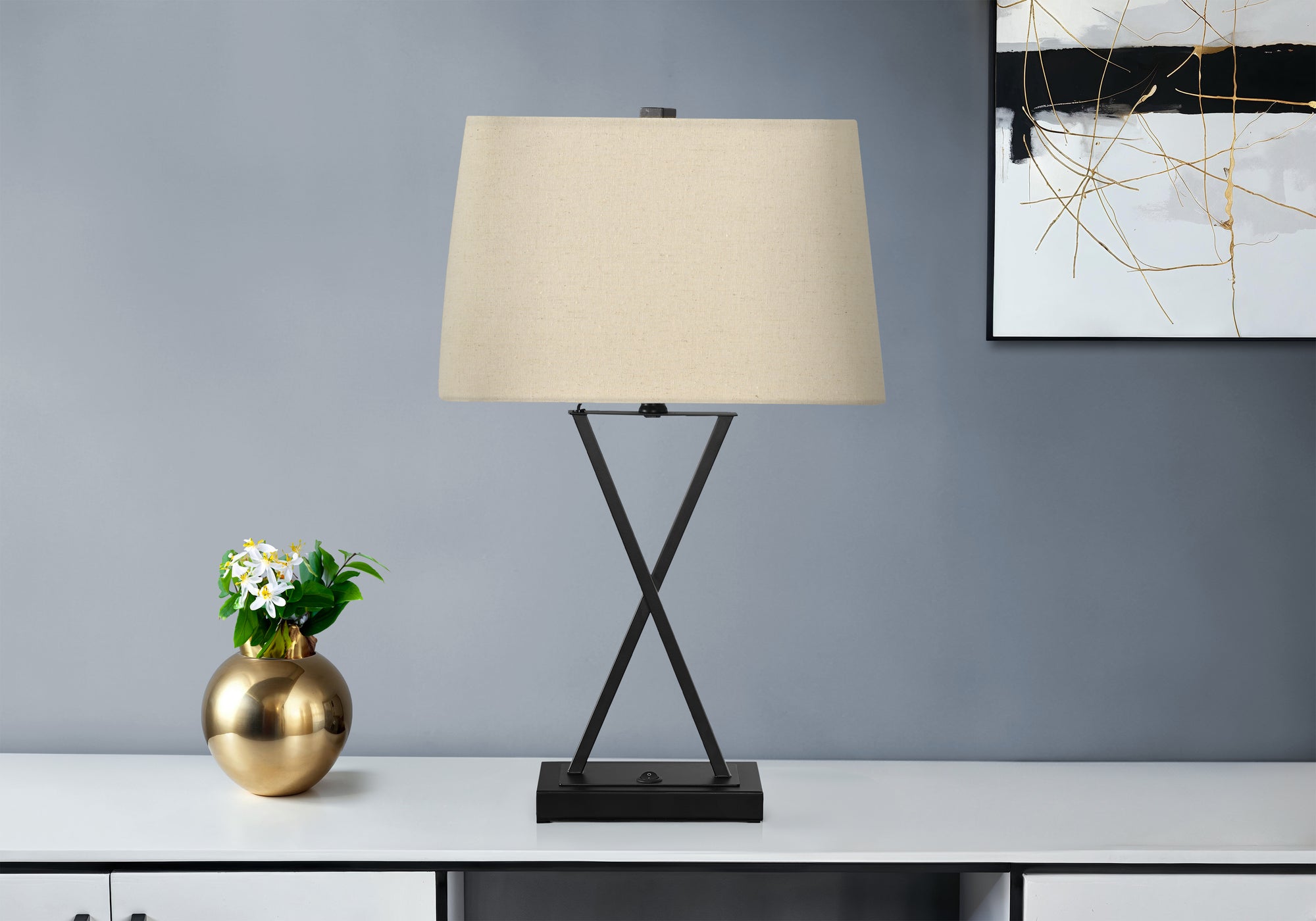 LIGHTING - 25"H TABLE LAMP USB PORT INCLUDED BLACK METAL BEIGE SHADE
