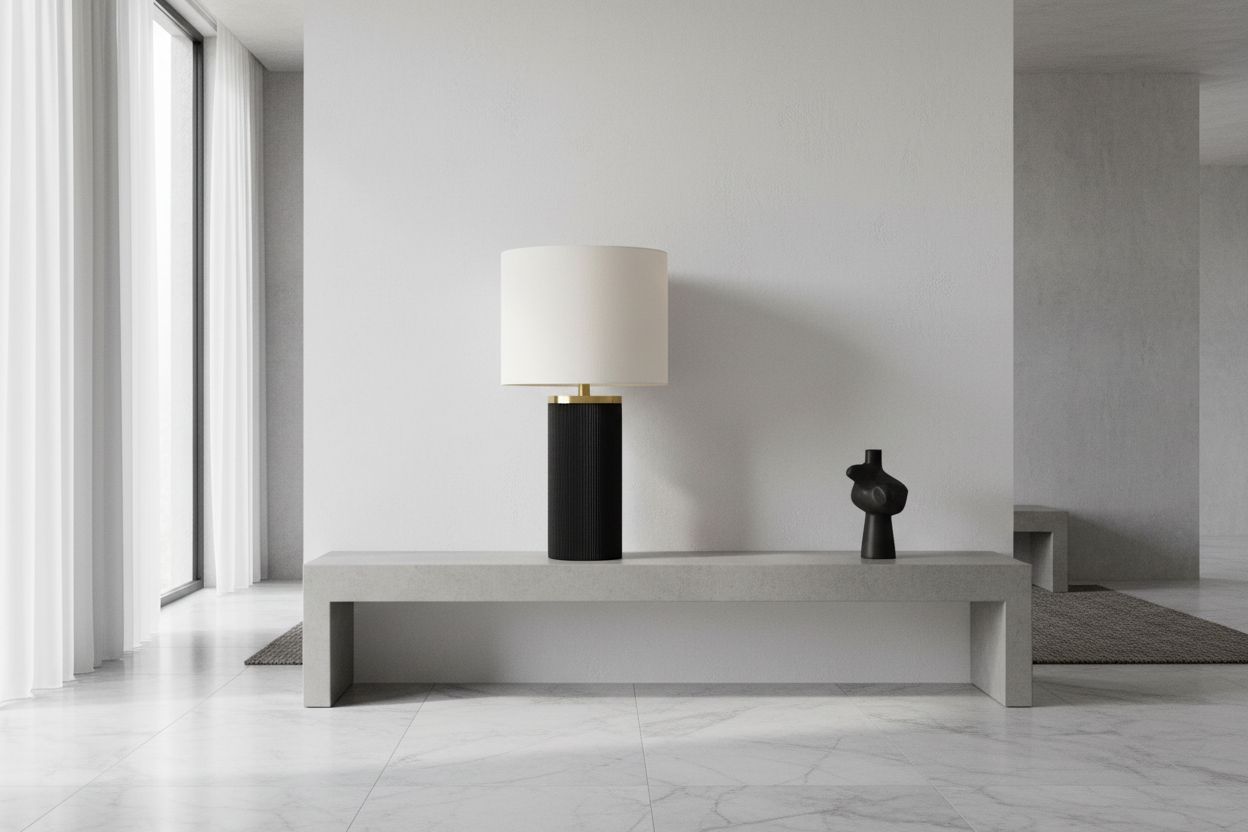 ÉCLAIRAGE - LAMPE DE TABLE 24"H BÉTON NOIR ABAT-JOUR IVOIRE / CRÈME MODERNE