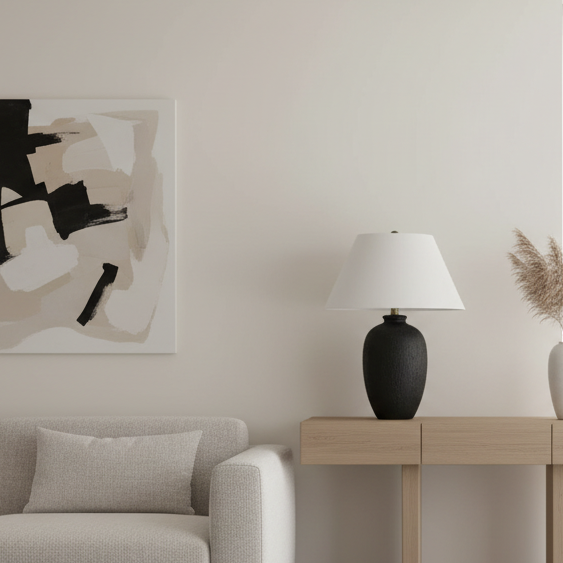 ÉCLAIRAGE - LAMPE DE TABLE 24"H EN CÉRAMIQUE NOIRE ABAT-JOUR IVOIRE / CRÈME MODERNE