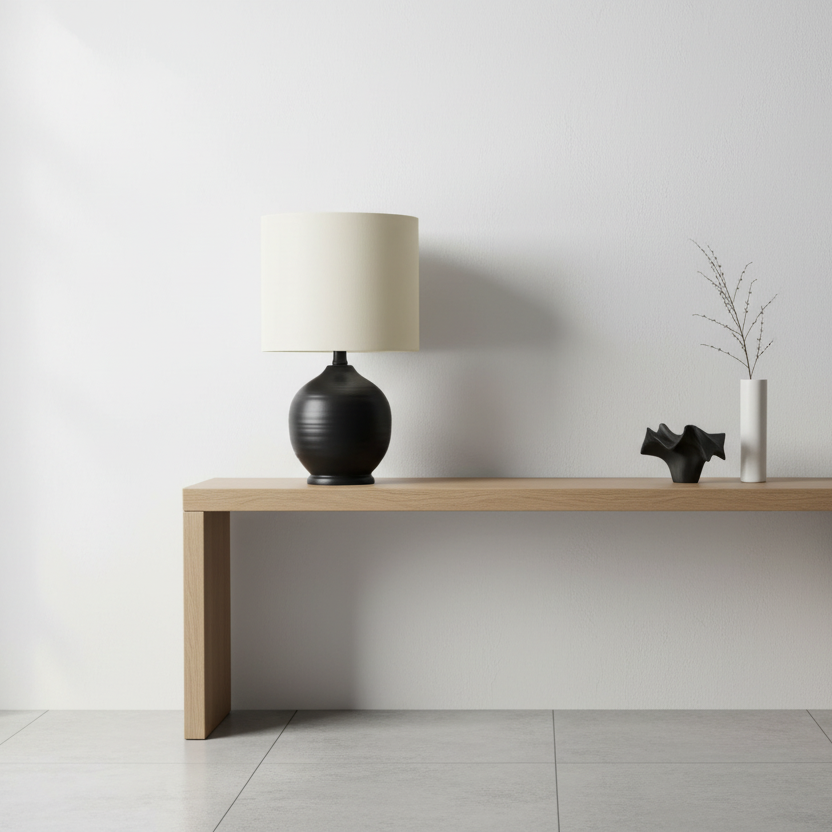 LIGHTING - 17"H TABLE LAMP BLACK CERAMIC IVORY / CREAM SHADE