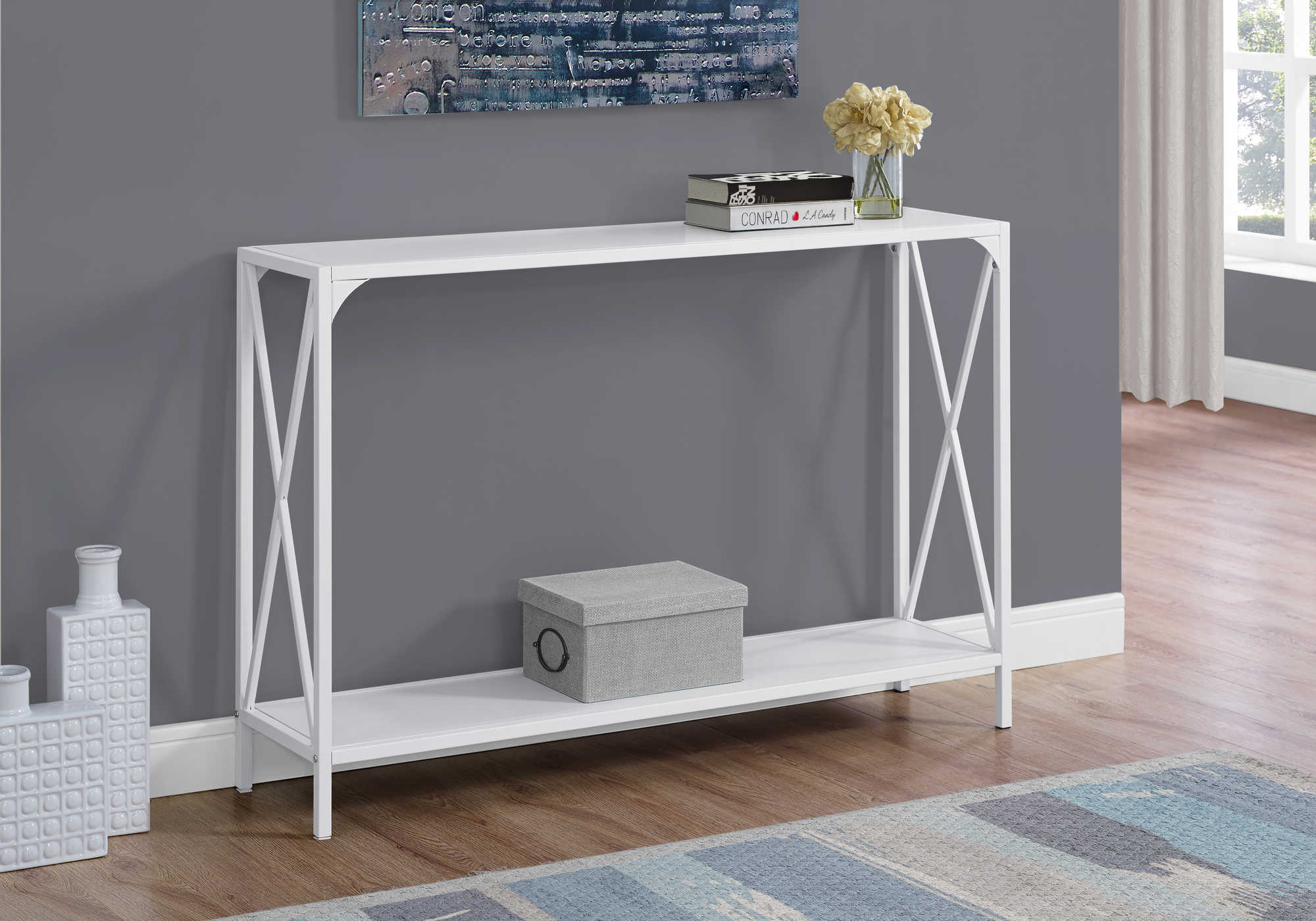TABLE D'APPOINT - 48"L / BLANC / CONSOLE D'ENTRÉE EN MÉTAL BLANC