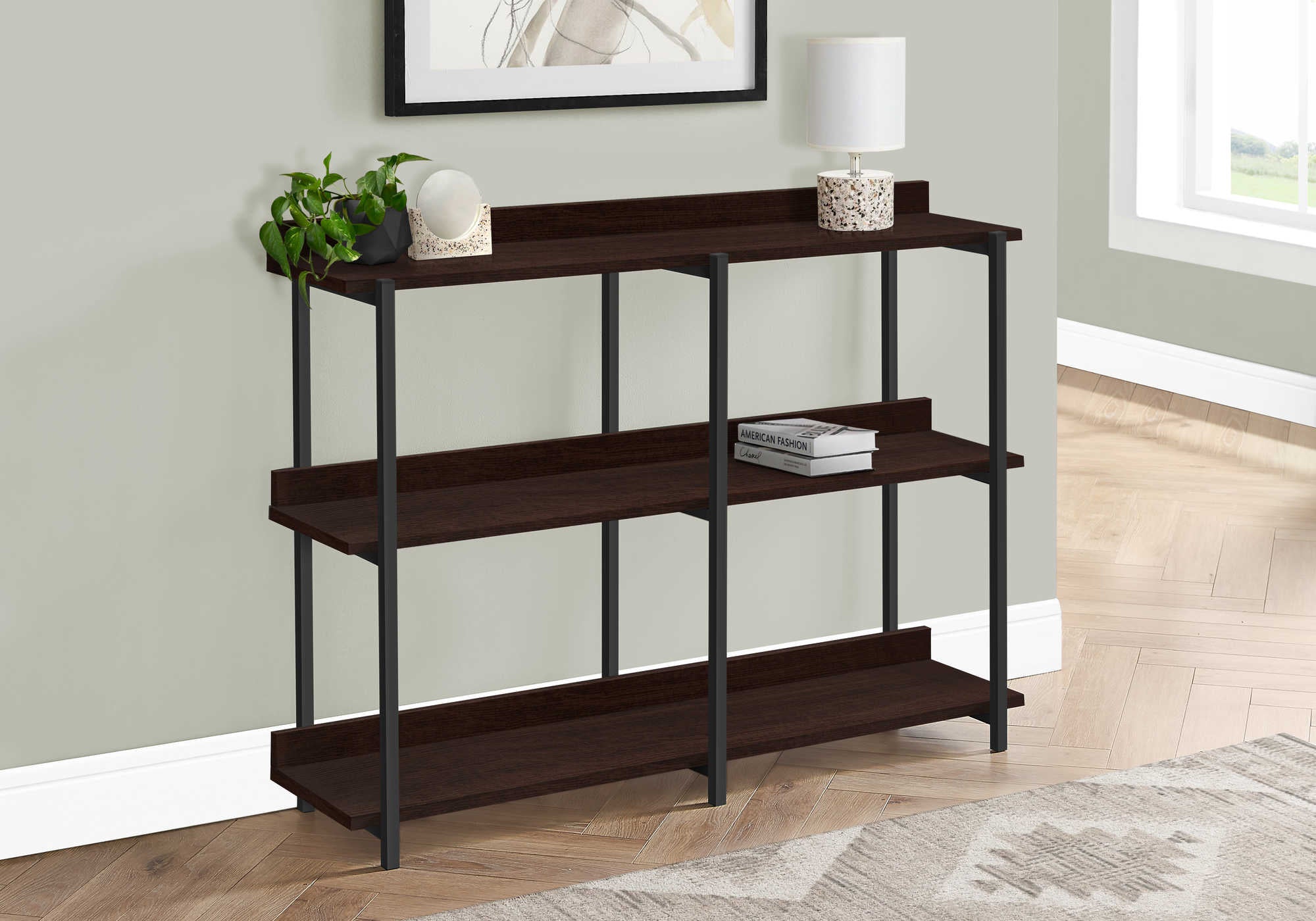 TABLE D'APPOINT - 48"L / ESPRESSO / CONSOLE D'ENTRÉE EN MÉTAL NOIR