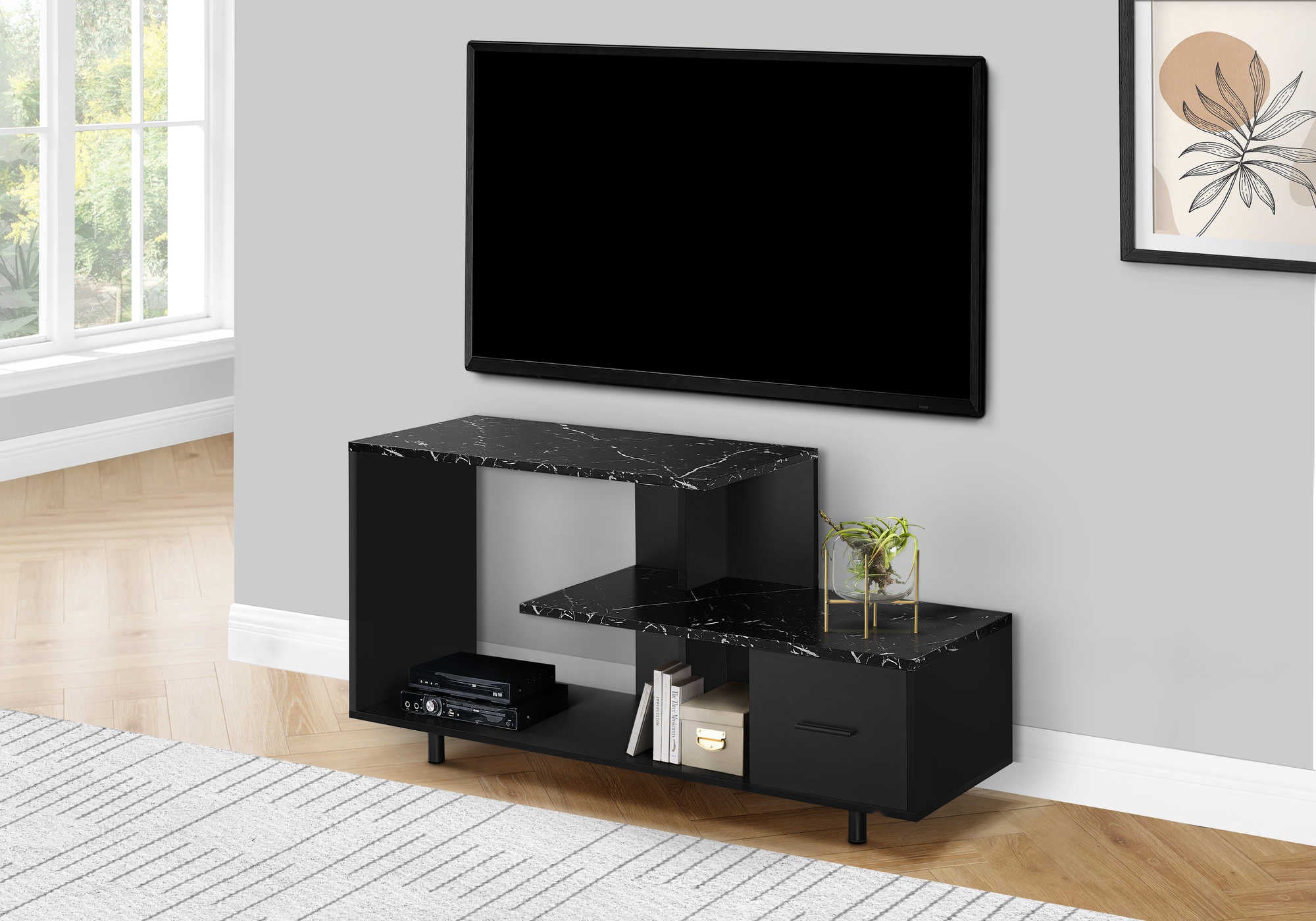 MEUBLE TV - 48"L / NOIR / DESSUS EN MARBRE NOIR / 1 TIROIR