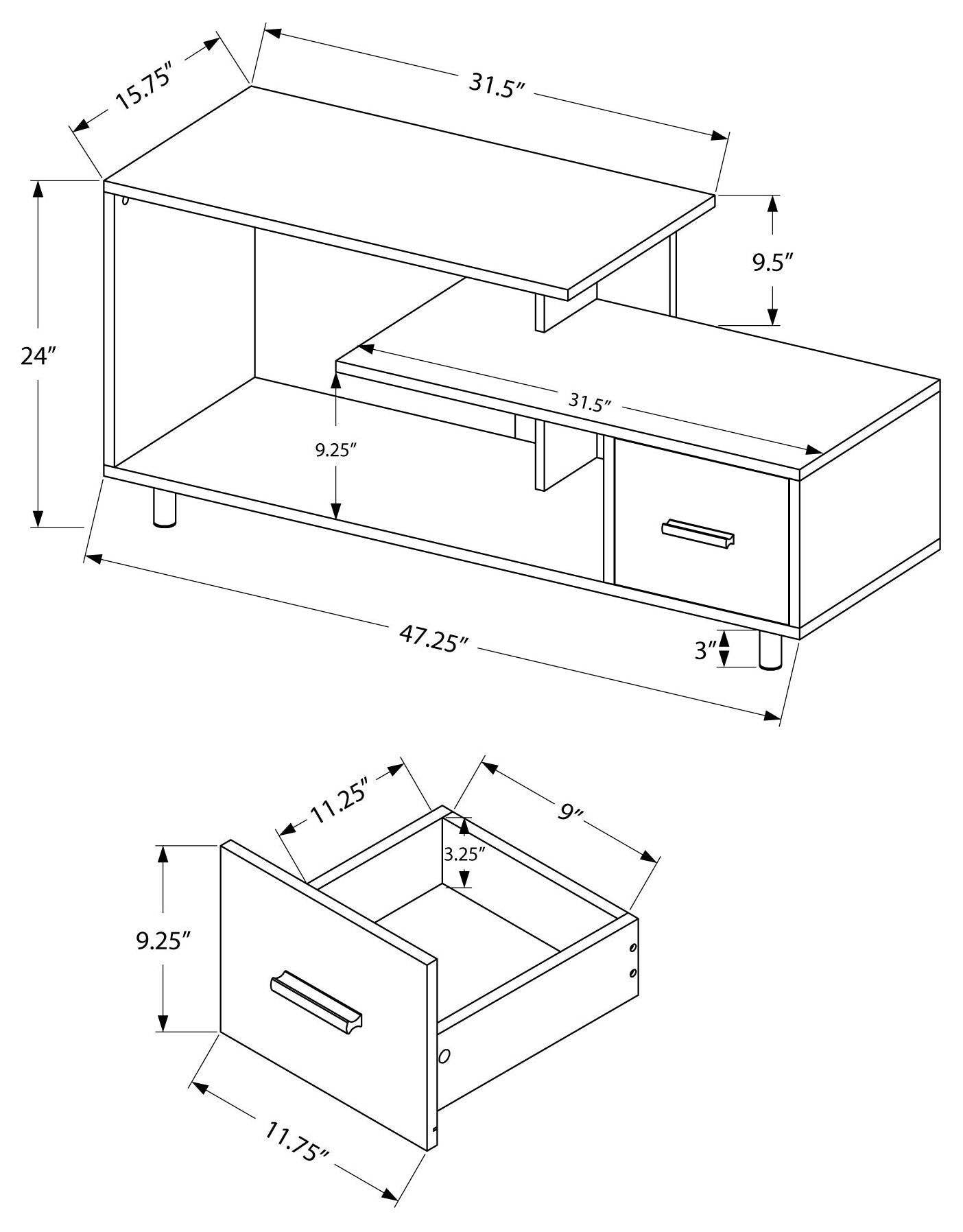 TV STAND - 48"L / BLACK / BLACK MARBLE TOP / 1 DRAWER