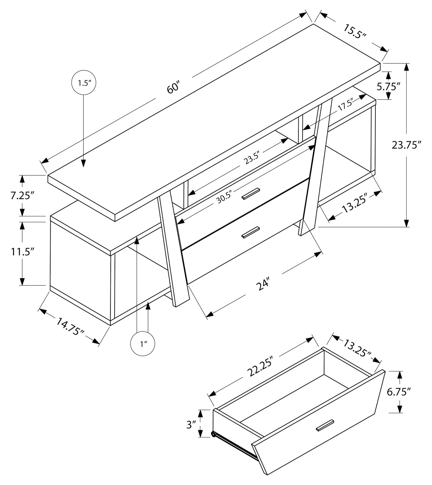 TV STAND - 60"L / DARK TAUPE WITH 2 STORAGE DRAWERS