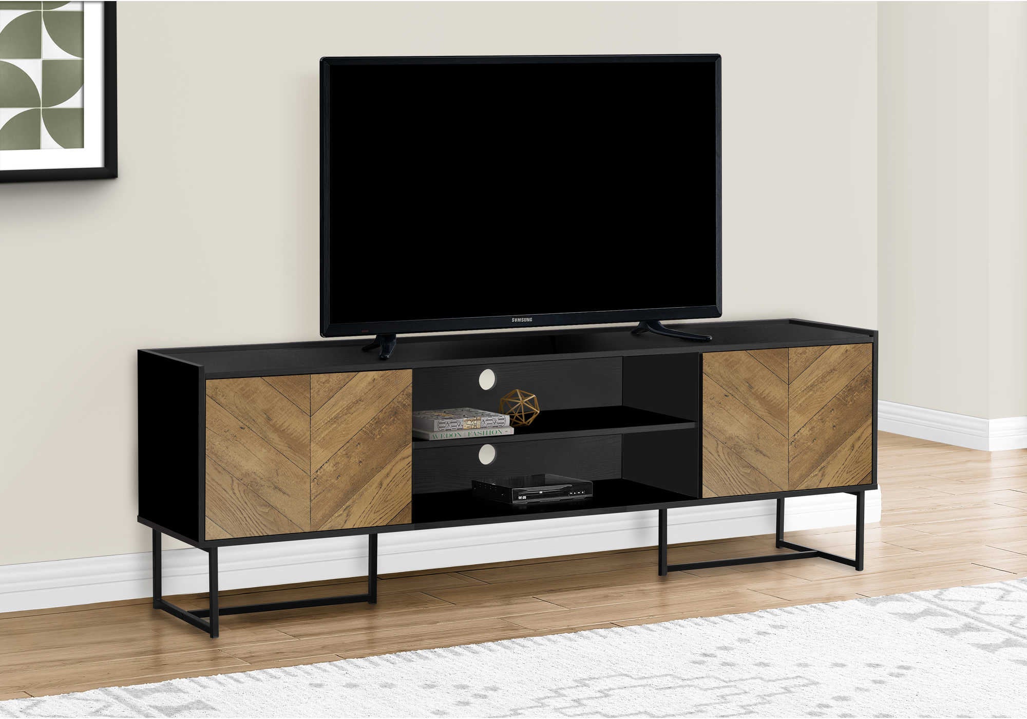 TV STAND - 72"L / BLACK / METAL WITH 2 WOOD-LOOK DOORS