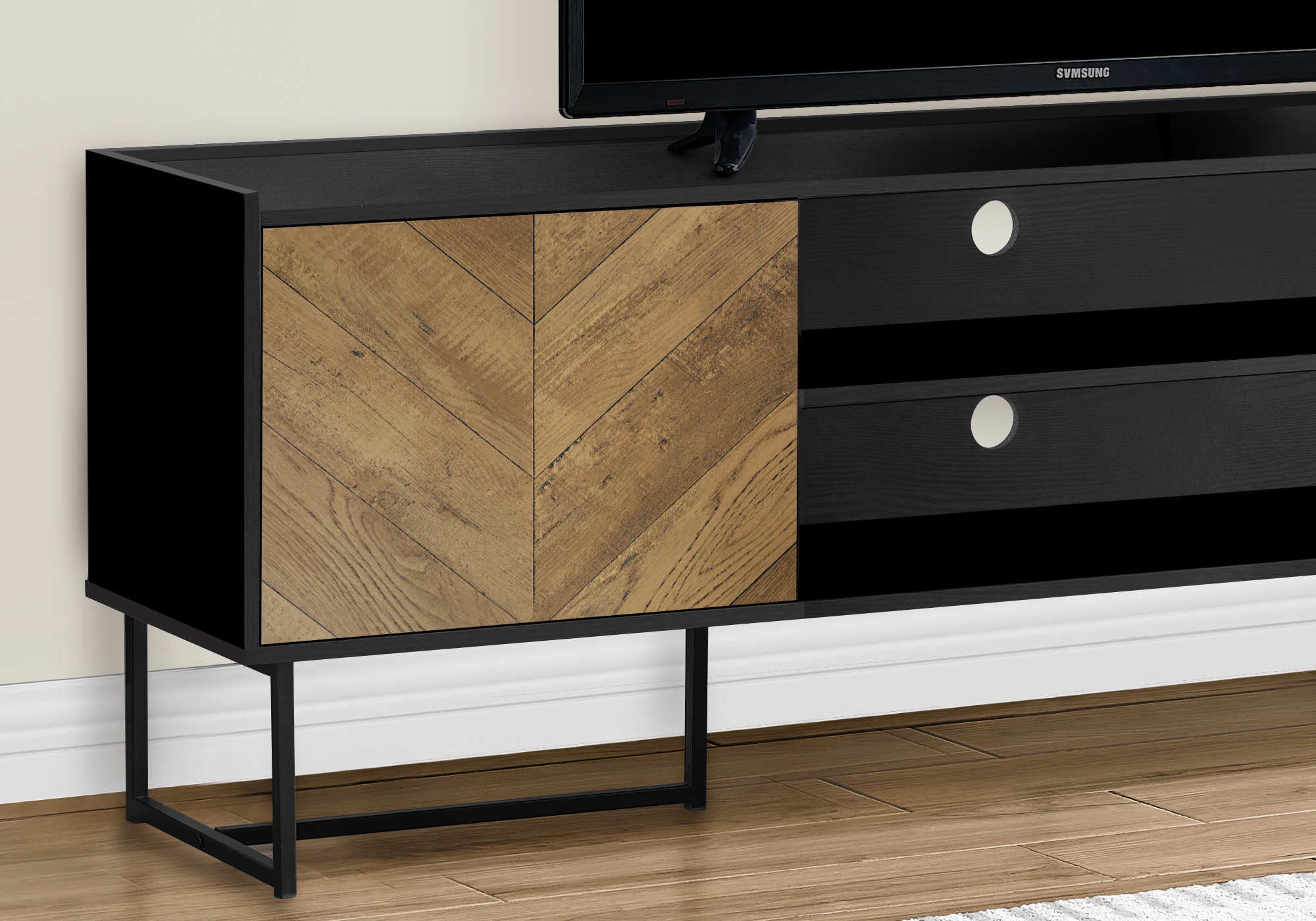 TV STAND - 72"L / BLACK / METAL WITH 2 WOOD-LOOK DOORS