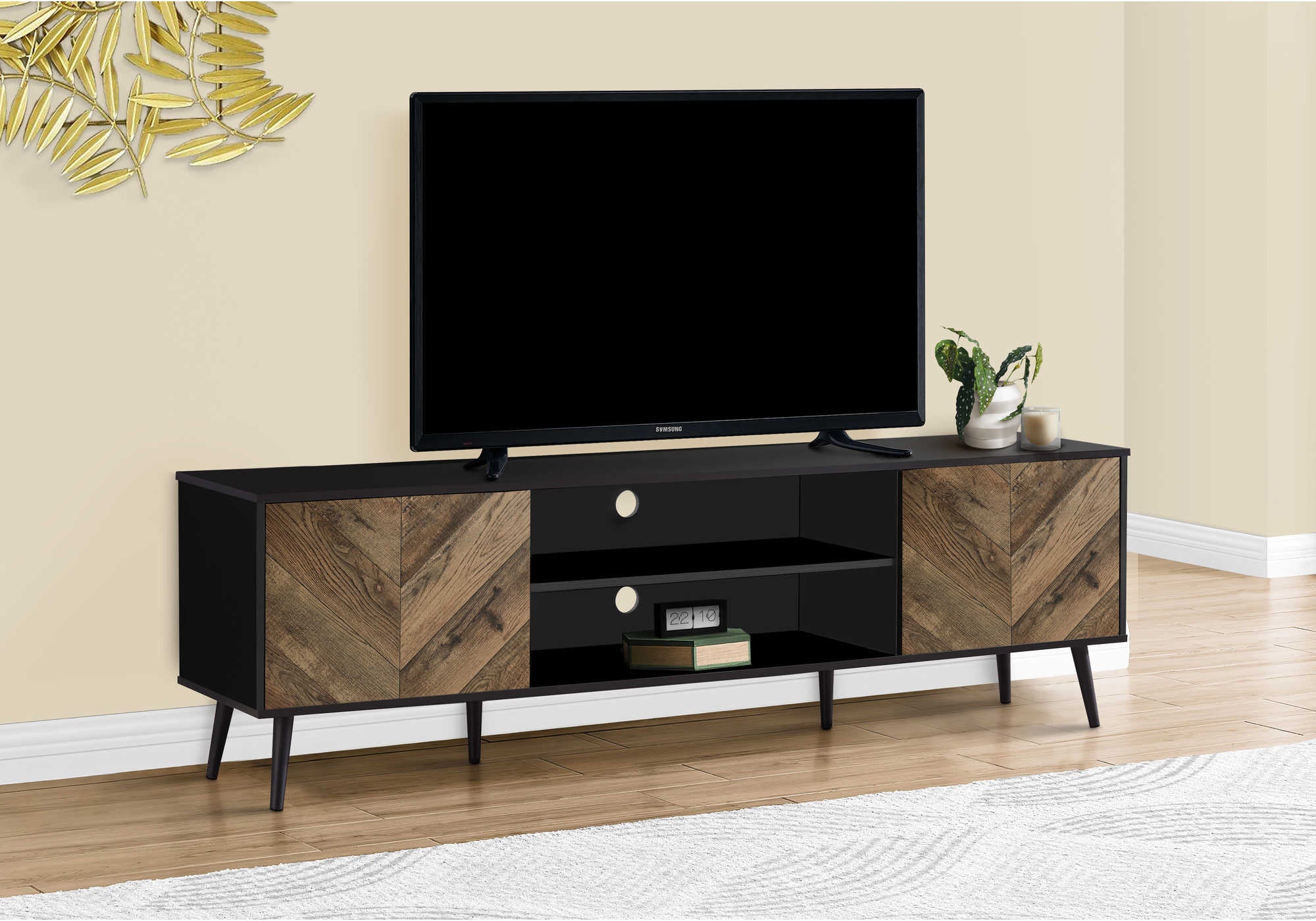 TV STAND - 72"L / BLACK WITH 2 WOOD-LOOK DOORS
