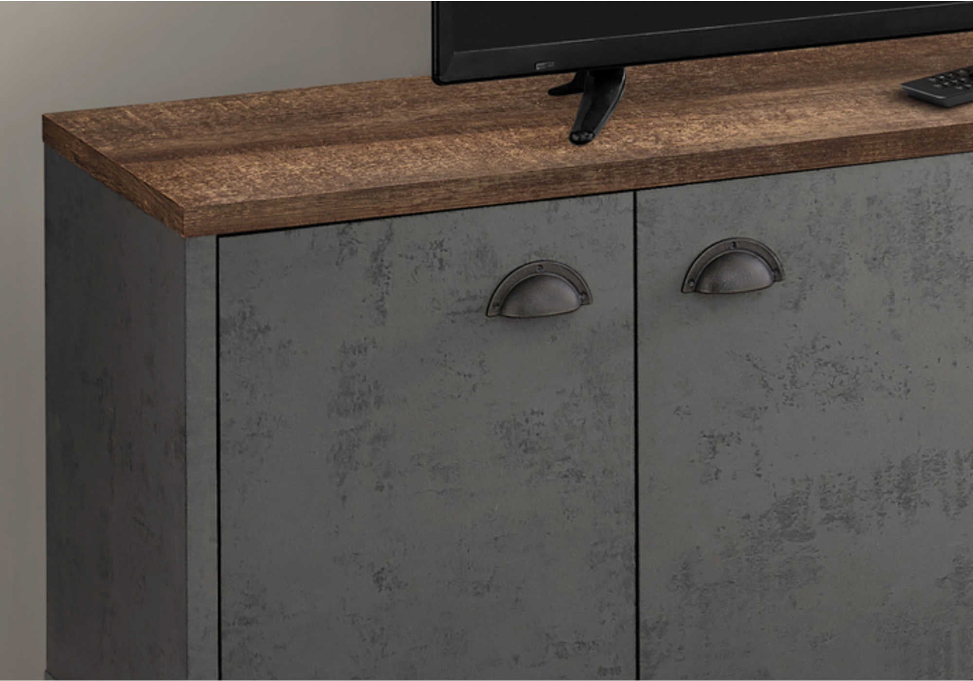 TV STAND - 60"L / GREY CONCRETE / MEDIUM BROWN RECLAIMED