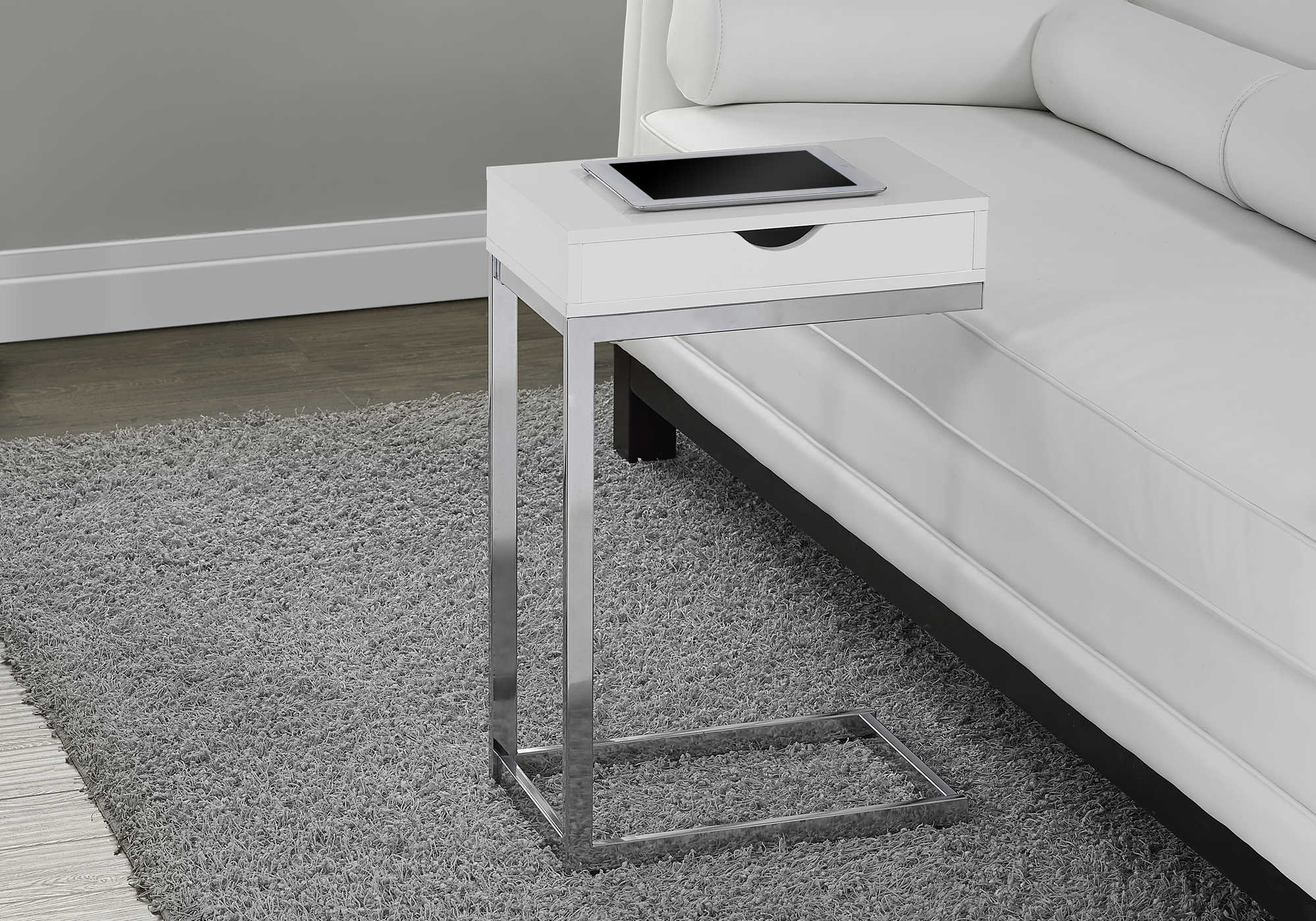 ACCENT TABLE - CHROME METAL / GLOSSY WHITE WITH A DRAWER