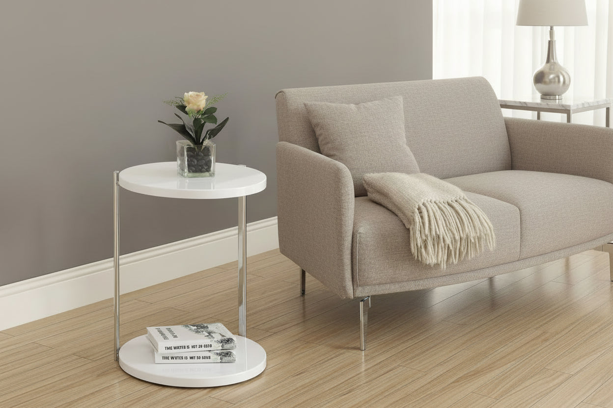 TABLE D'APPOINT - BLANC BRILLANT / MÉTAL CHROME
