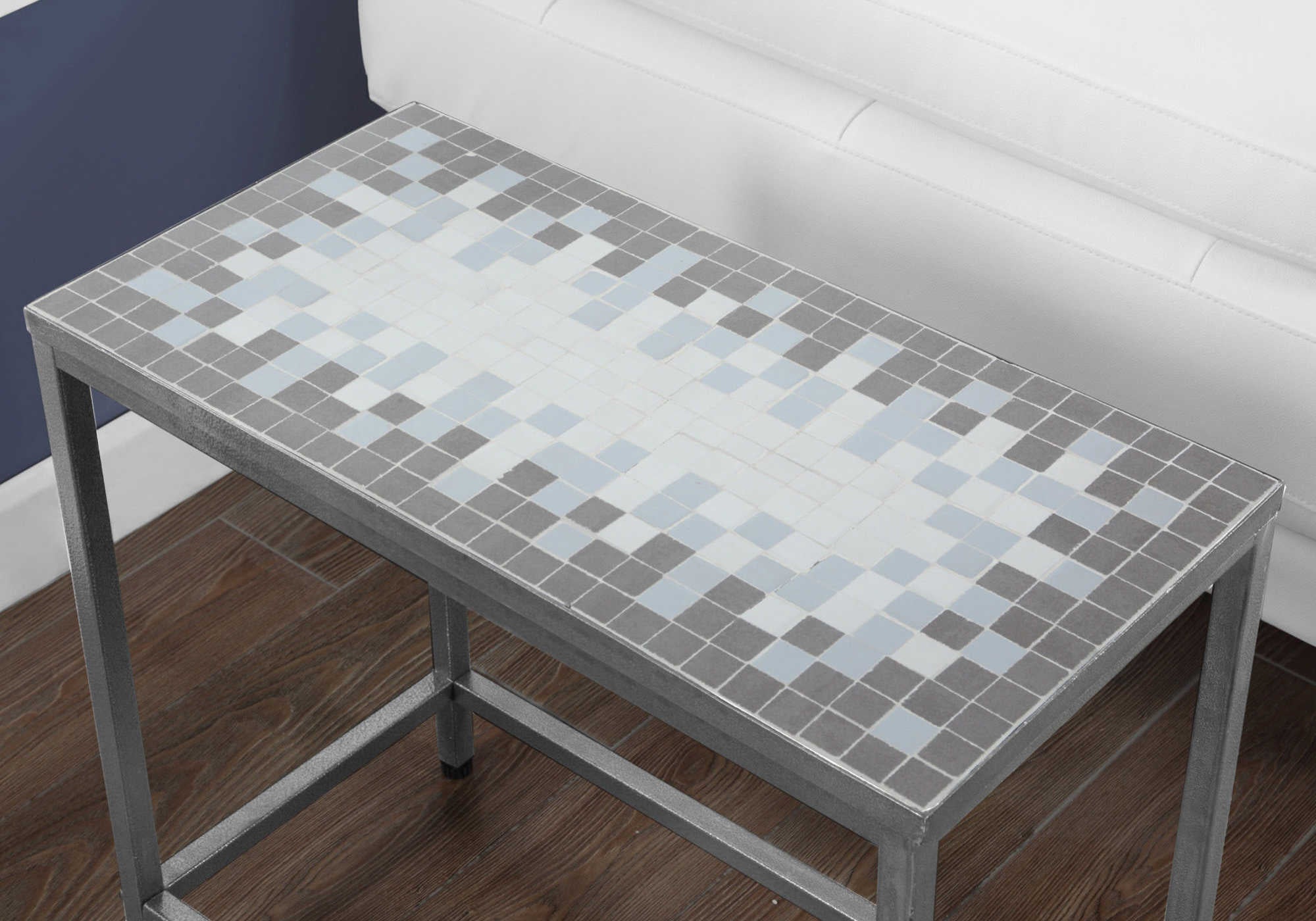 ACCENT TABLE - GREY / BLUE TILE TOP / HAMMERED SILVER