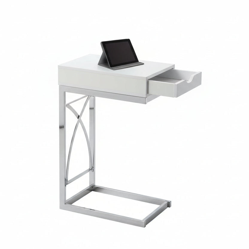 TABLE D'APPOINT - MÉTAL CHROME / BLANC BRILLANT AVEC TIROIR