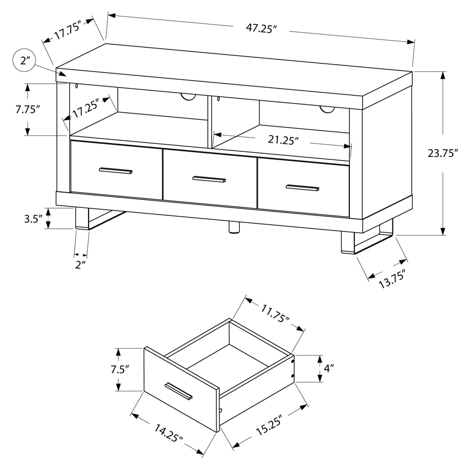 TV STAND - 48" L / DARK TAUPE WITH 3 DRAWERS