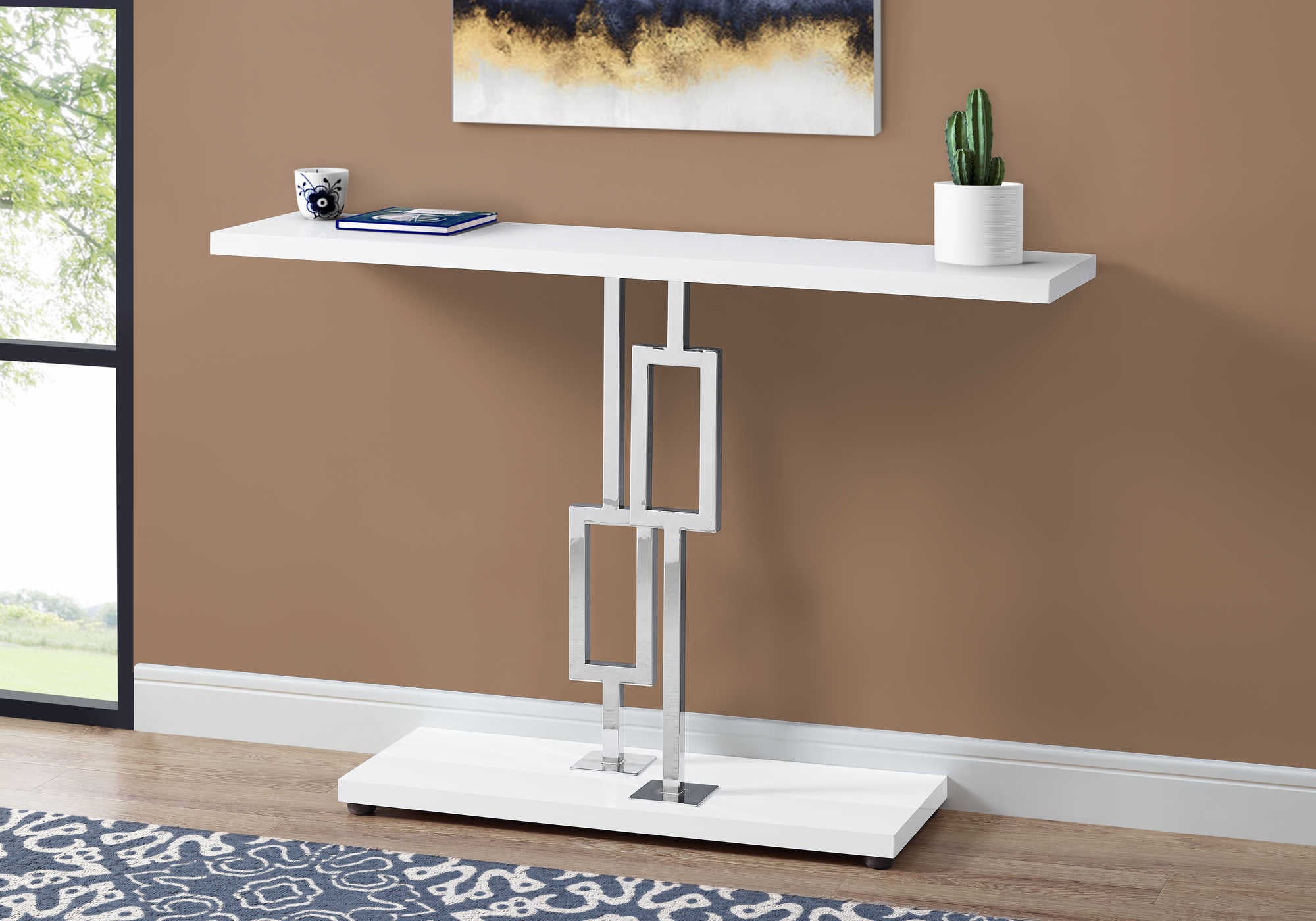 TABLE D'APPOINT - 48"L / BLANC BRILLANT / MÉTAL CHROME