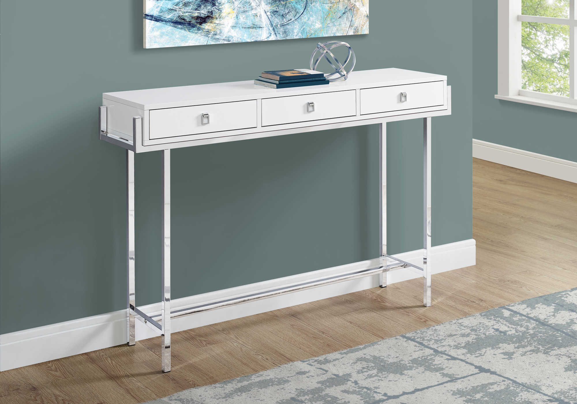 TABLE D'APPOINT - 48"L / BLANC BRILLANT / MÉTAL CHROME