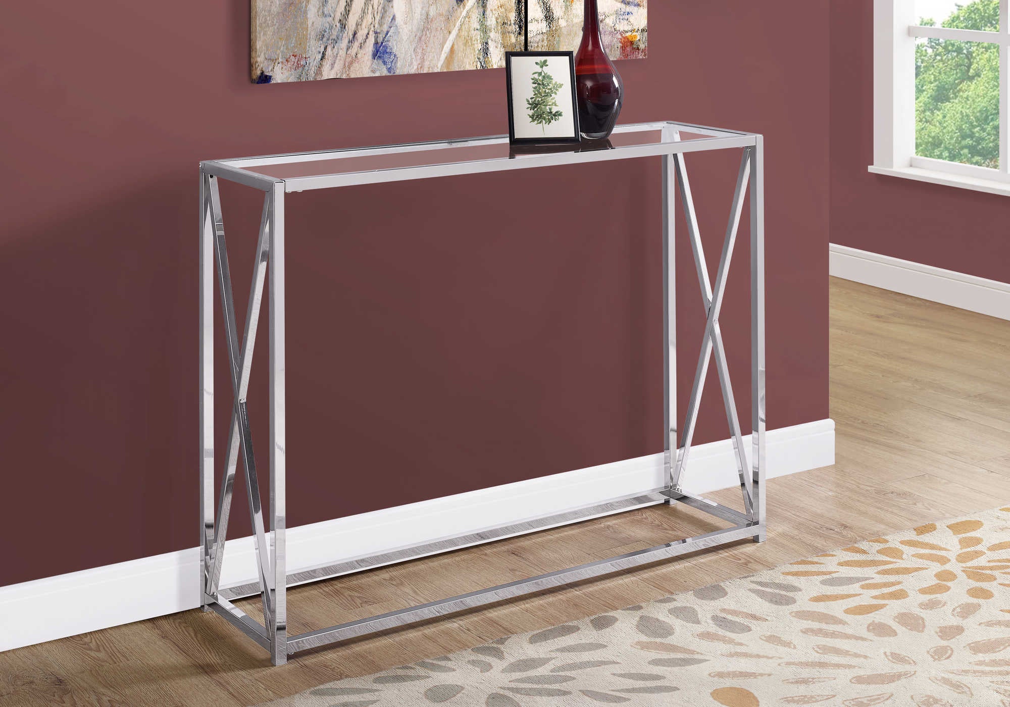 TABLE D'APPOINT - 42"L / MÉTAL CHROMÉ AVEC VERRE TREMPÉ