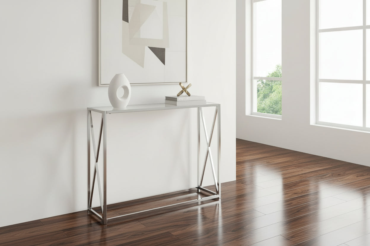 TABLE D'APPOINT - 42"L / MÉTAL CHROMÉ AVEC VERRE TREMPÉ