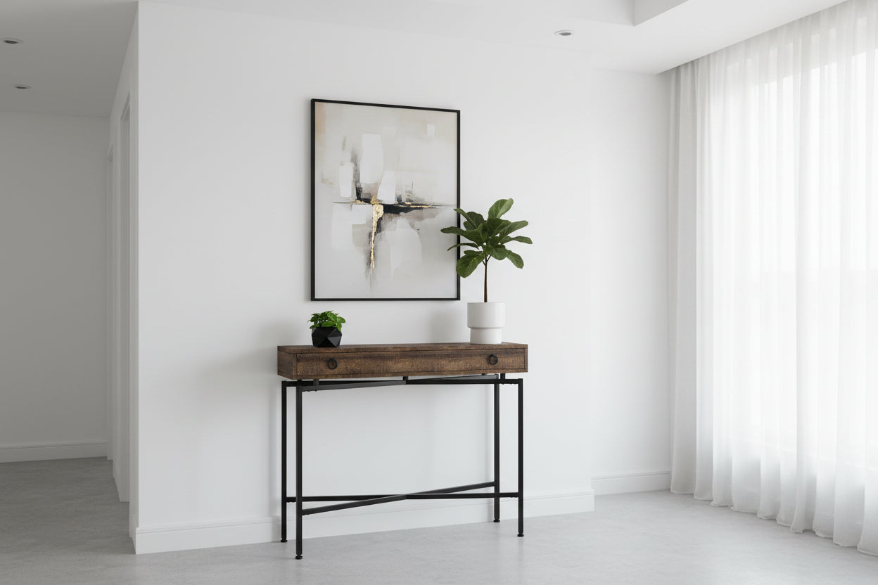 TABLE D'APPOINT - 42"L / BOIS RÉCUPÉRÉ BRUN / CONSOLE NOIRE