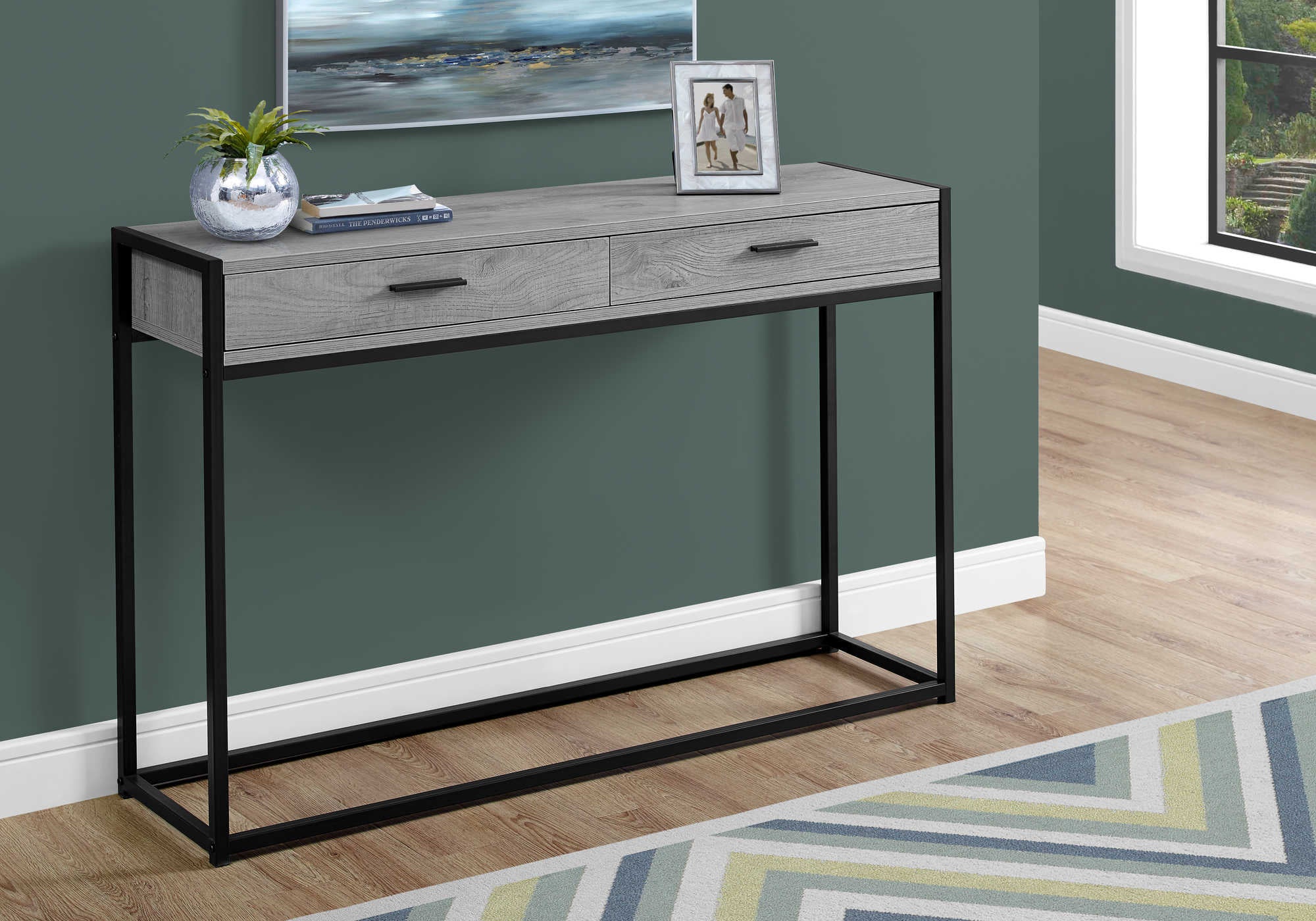 TABLE D'APPOINT - 48"L / CONSOLE D'ENTRÉE EN MÉTAL GRIS / NOIR