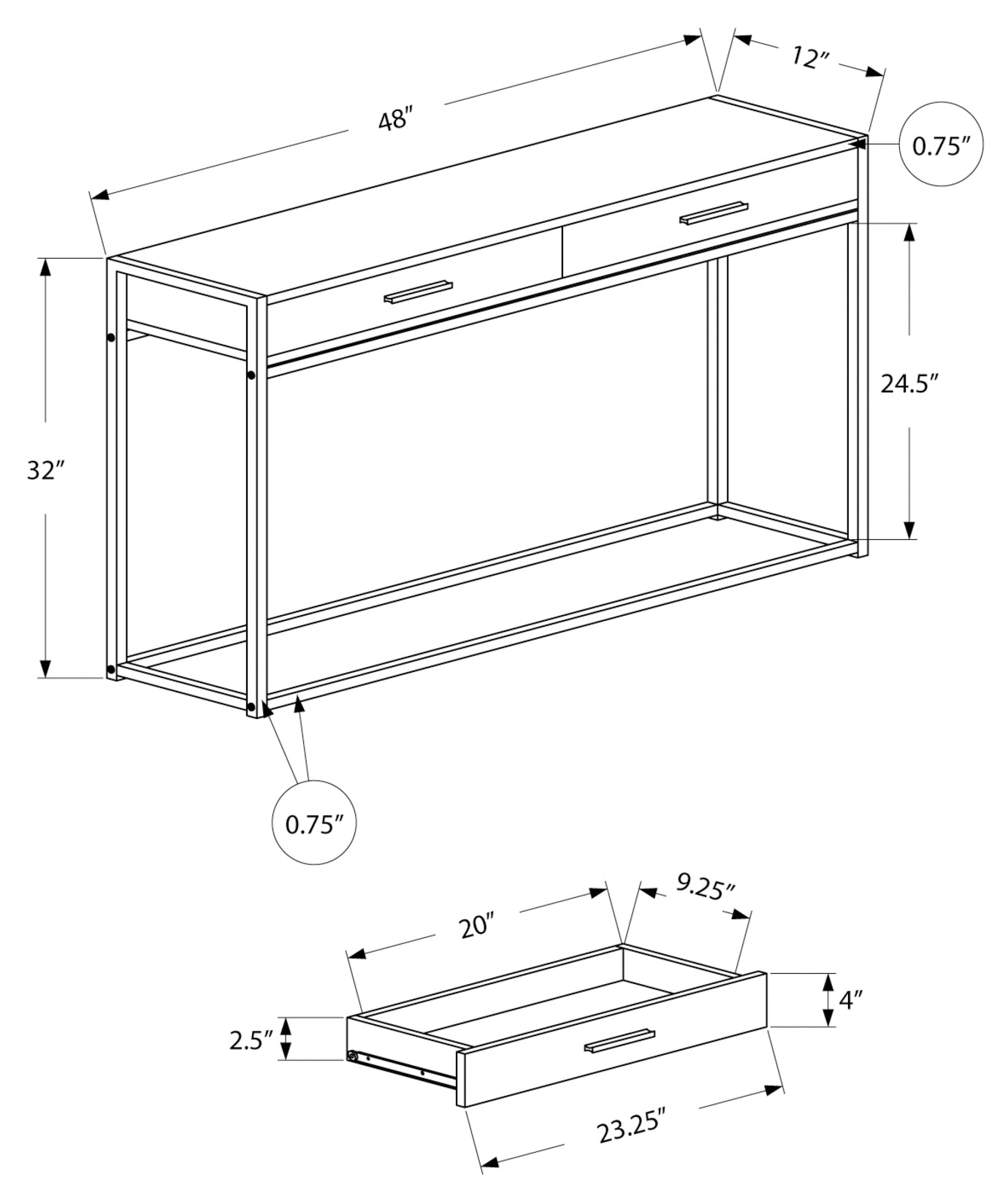 ACCENT TABLE - 48"L / GREY / BLACK METAL HALL CONSOLE