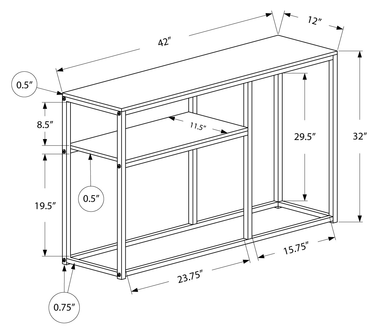 TABLE D'APPOINT - 42"L / CONSOLE D'ENTRÉE EN MÉTAL GRIS / NOIR