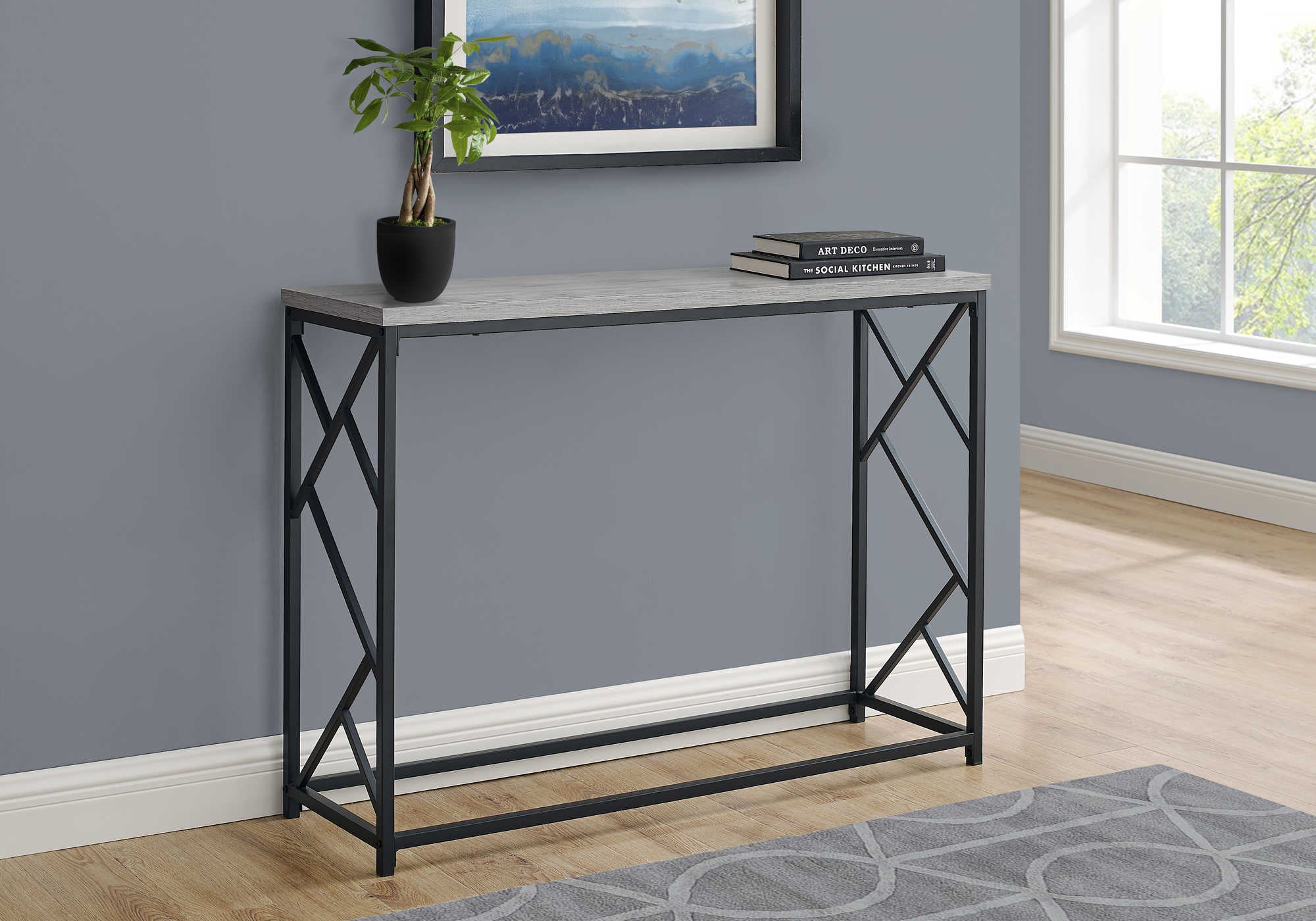 ACCENT TABLE - 44"L / GREY / BLACK METAL HALL CONSOLE