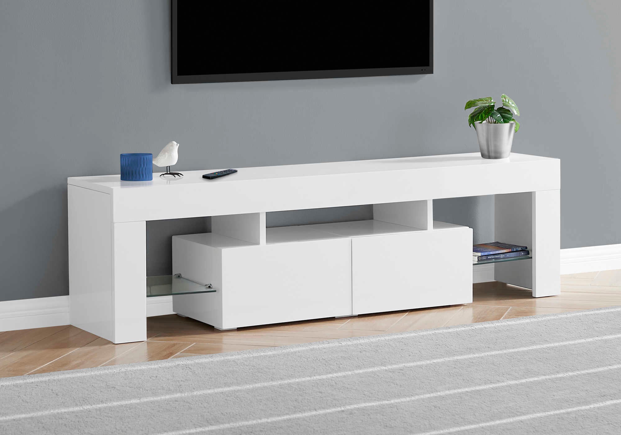 TV STAND - 63"L / HIGH GLOSSY WHITE WITH TEMPERED GLASS
