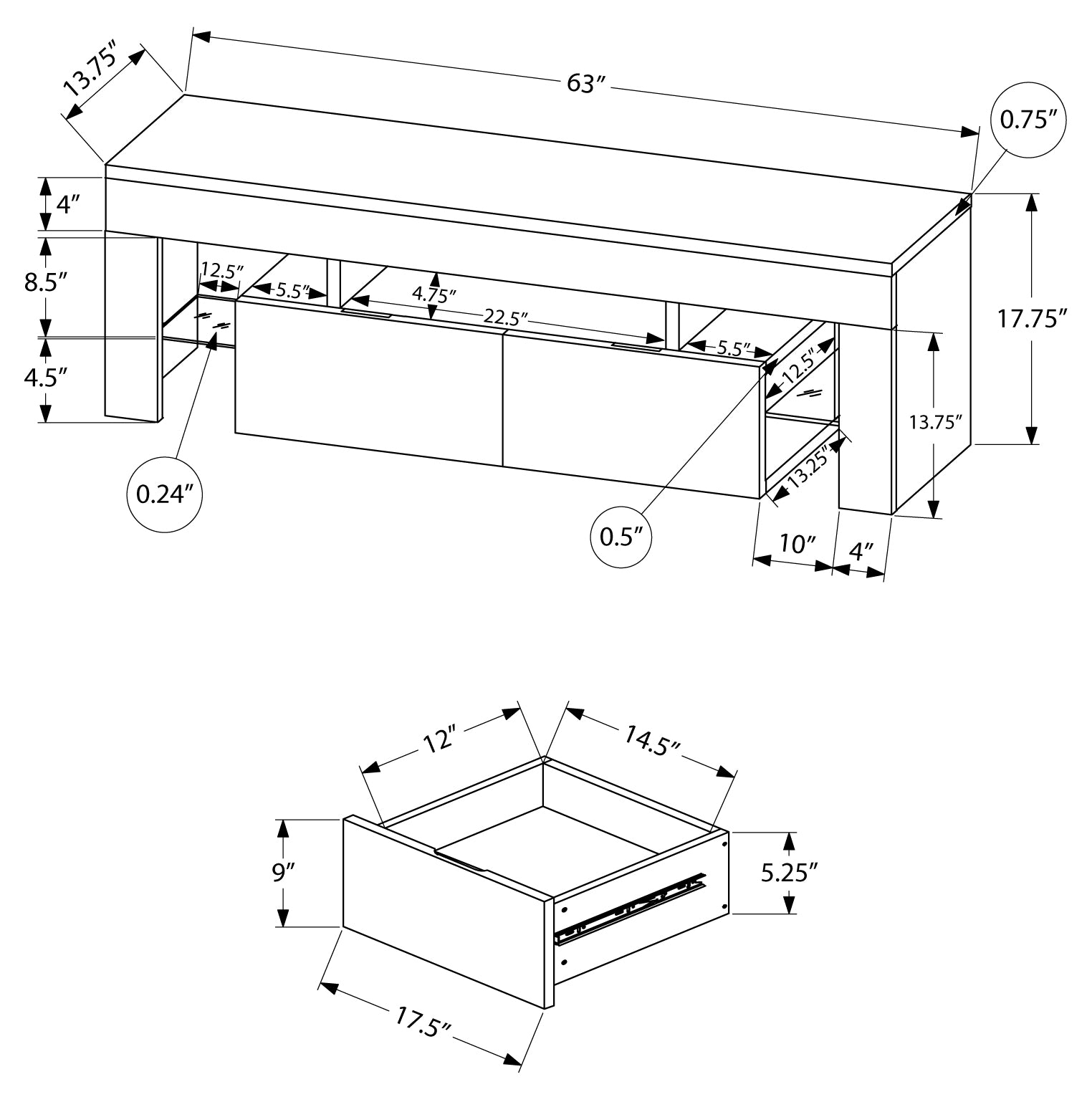 TV STAND - 63"L / HIGH GLOSSY WHITE WITH TEMPERED GLASS