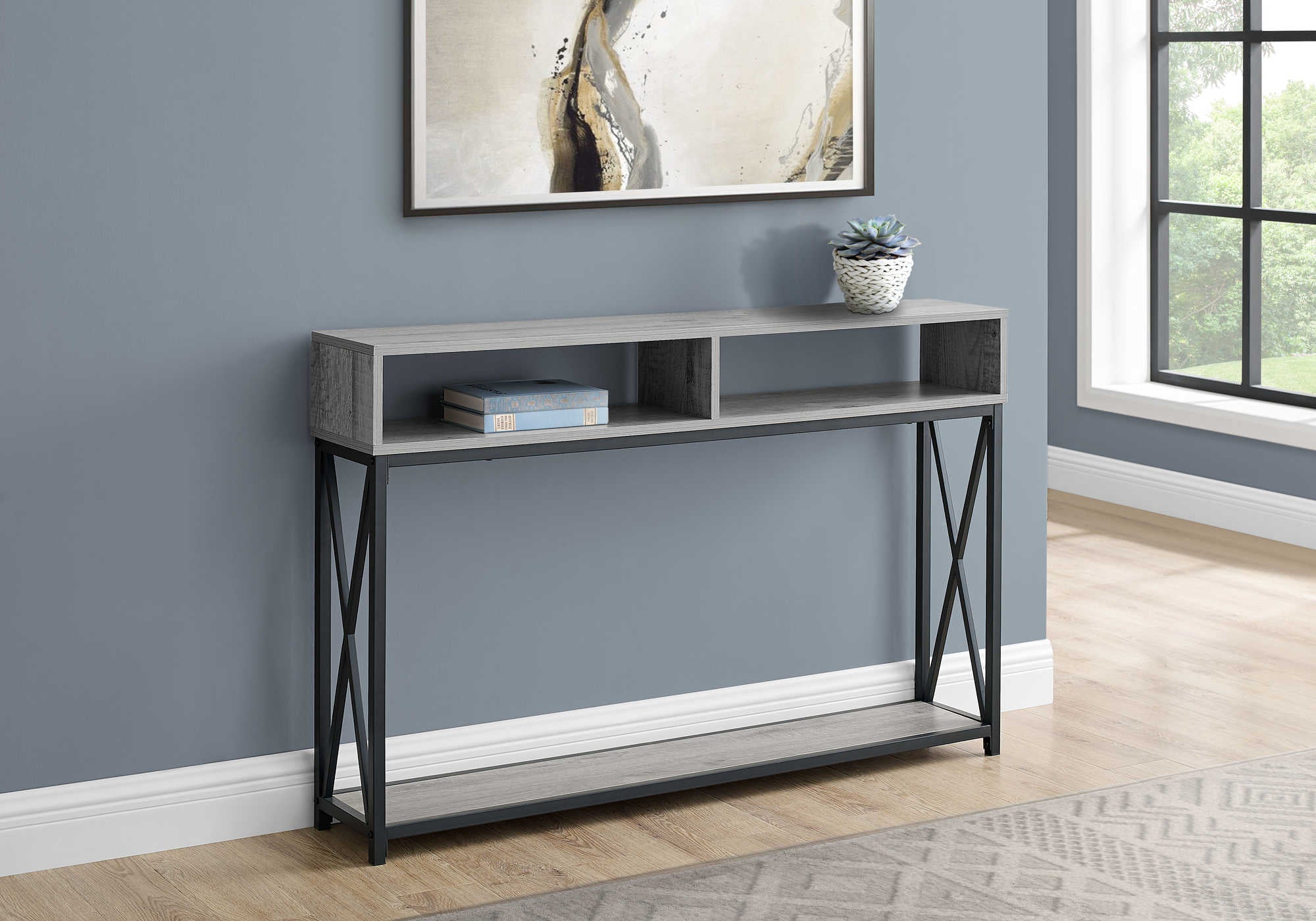 TABLE D'APPOINT - 48"L / CONSOLE D'ENTRÉE EN MÉTAL GRIS / NOIR