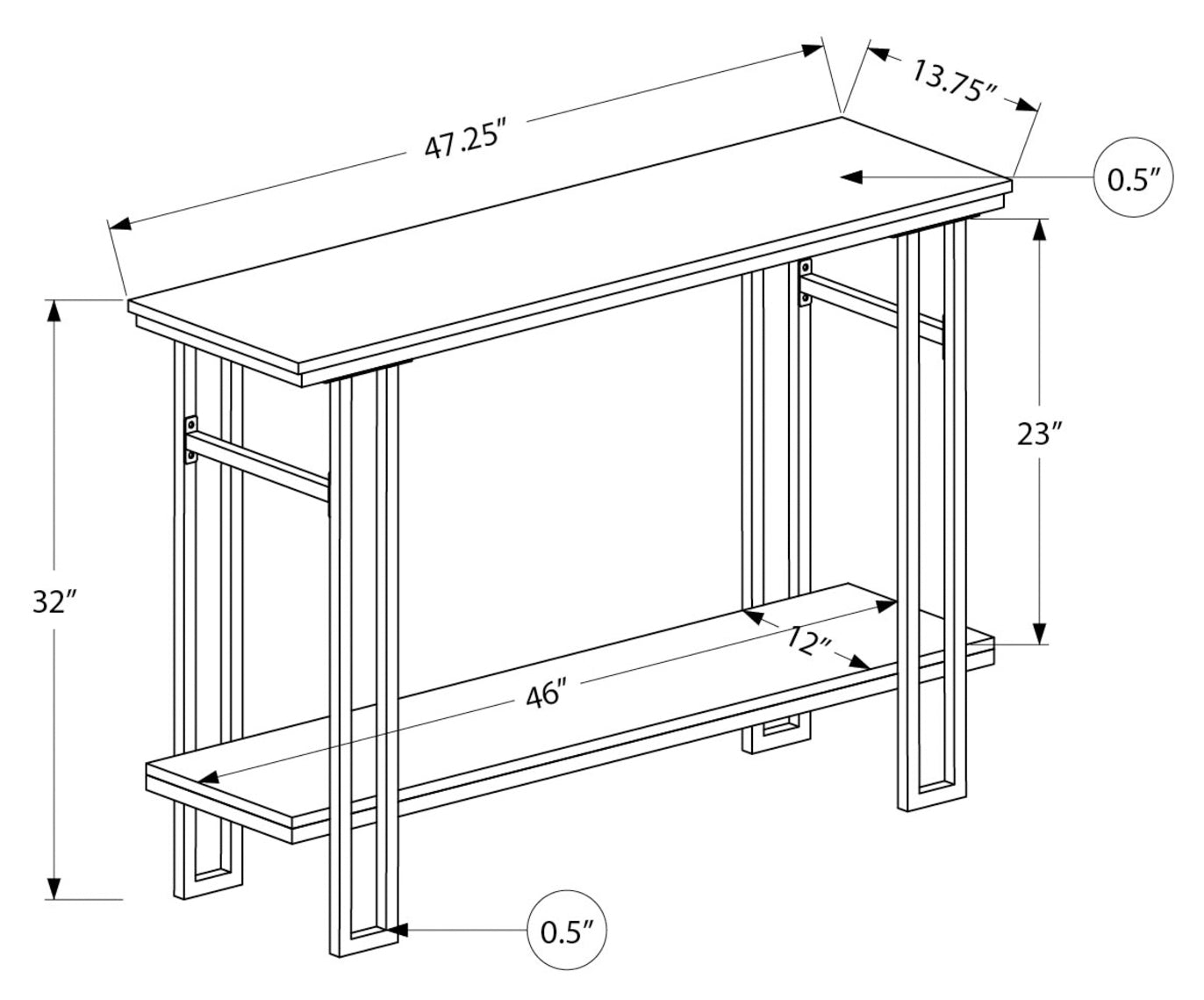 TABLE D'APPOINT - 48"L / CONSOLE D'ENTRÉE EN MÉTAL GRIS / NOIR