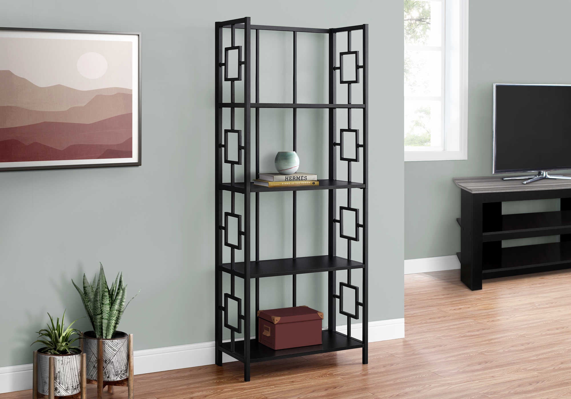 BOOKCASE - 62"H / BLACK / BLACK METAL ETAGERE