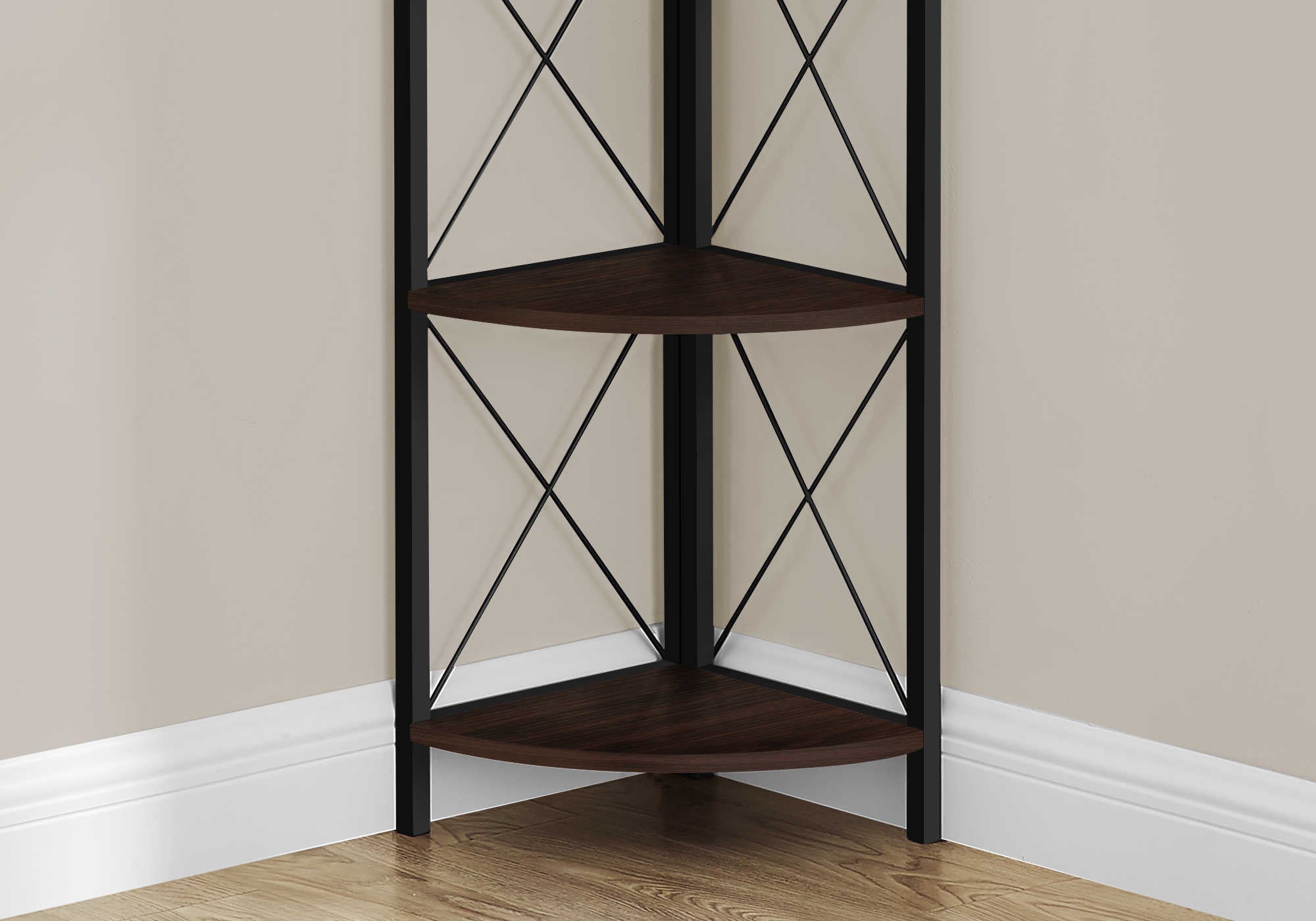 BOOKCASE - 60"H / ESPRESSO / BLACK METAL CORNER ETAGERE