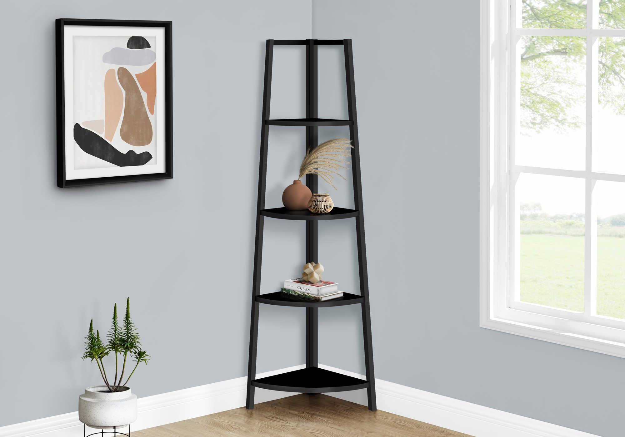 BOOKCASE - 60"H / BLACK / BLACK METAL CORNER ETAGERE
