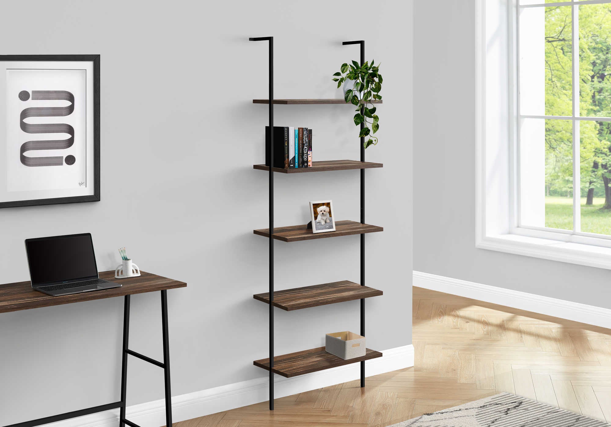BOOKCASE - 72"H LADDER BROWN RECLAIMED / BLACK METAL